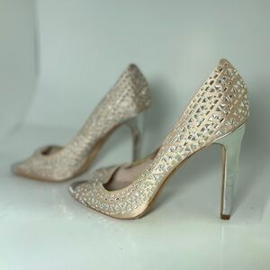 Cream and Silver Perforated High-Heeled Pumps